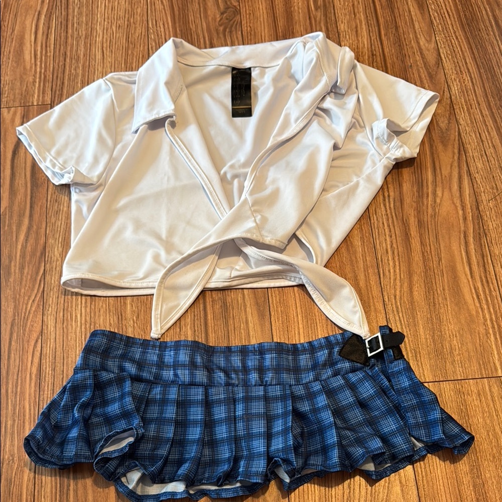 White Crop Top and Blue Plaid Skirt Cosplay Set